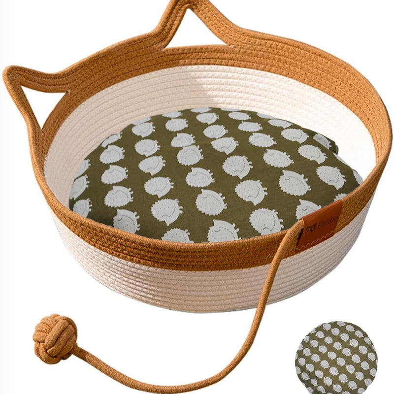 HKM-3574205 Hand Woven Cat Bed with Toy Tail - Natural Cotton and Linen, Breathable Indoor Mat for Small Breeds