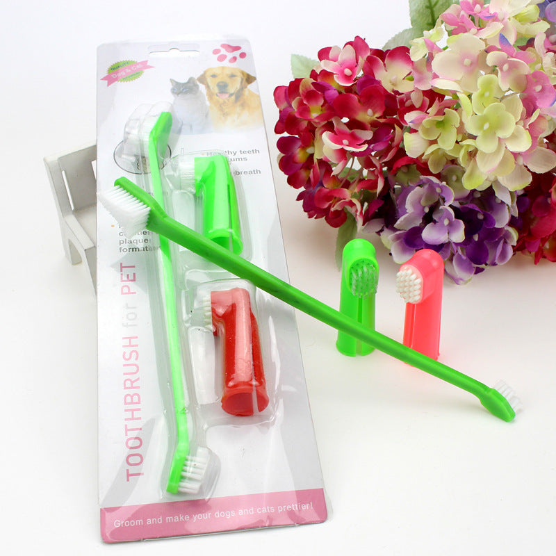 HKM-3574589 Three-Piece Pet Toothbrush Set with Dual-Head Brush and Finger Brushes