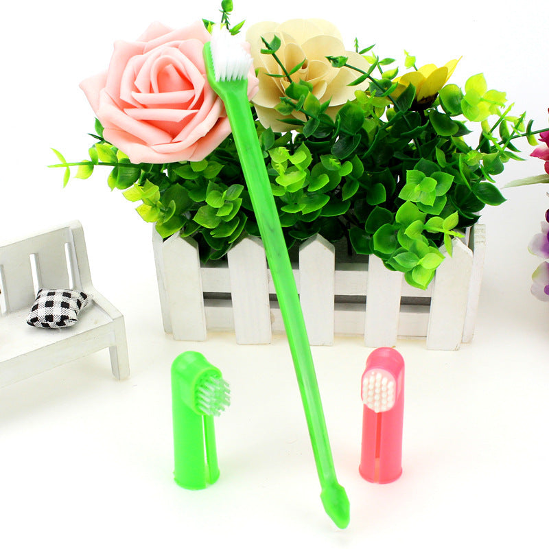 HKM-3574589 Three-Piece Pet Toothbrush Set with Dual-Head Brush and Finger Brushes
