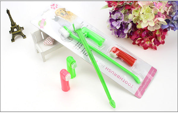 HKM-3574589 Three-Piece Pet Toothbrush Set with Dual-Head Brush and Finger Brushes
