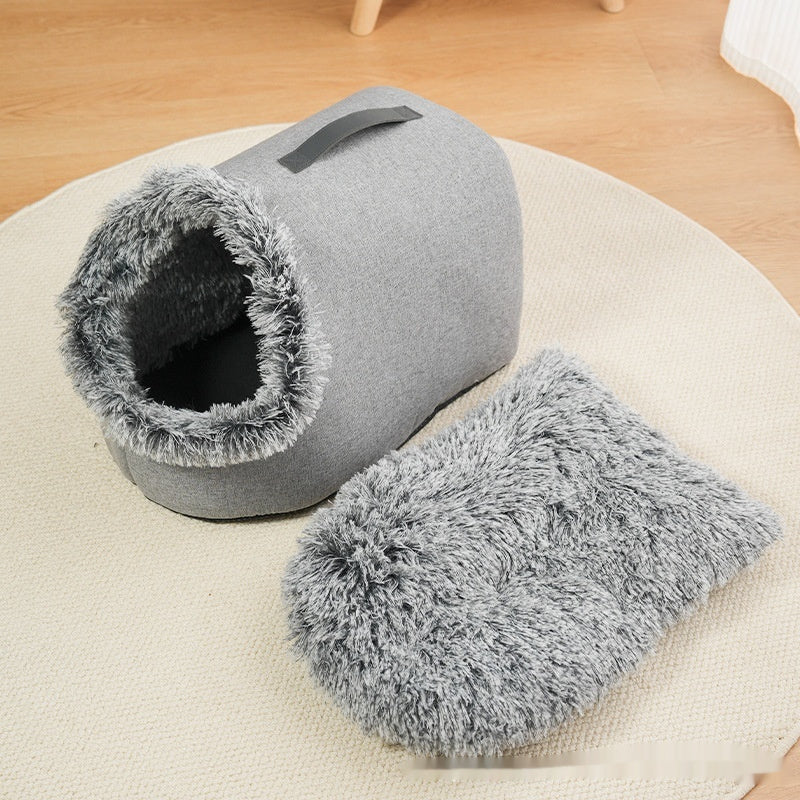 HKM-3576381 Portable Warm Closed Plush Pet Nest Bed in Brown and Gray for Cats and Small Dogs