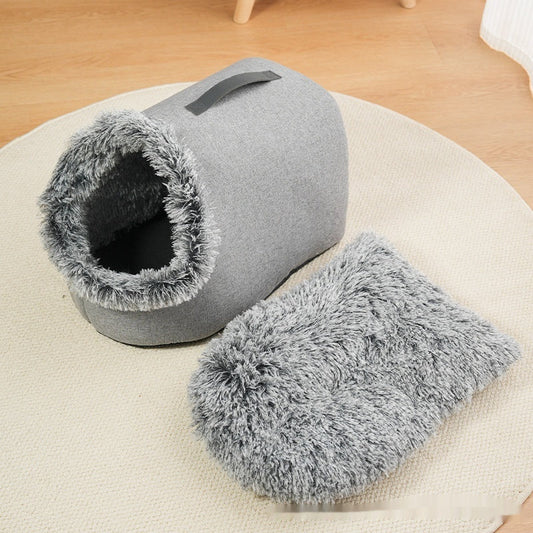 HKM-3576381 Portable Warm Closed Plush Pet Nest Bed in Brown and Gray for Cats and Small Dogs
