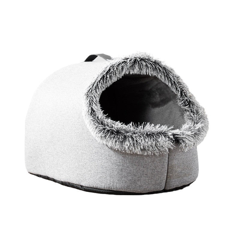 HKM-3576381 Portable Warm Closed Plush Pet Nest Bed in Brown and Gray for Cats and Small Dogs