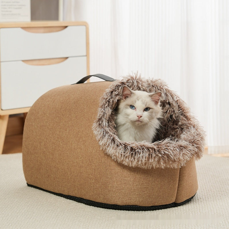 HKM-3576381 Portable Warm Closed Plush Pet Nest Bed in Brown and Gray for Cats and Small Dogs