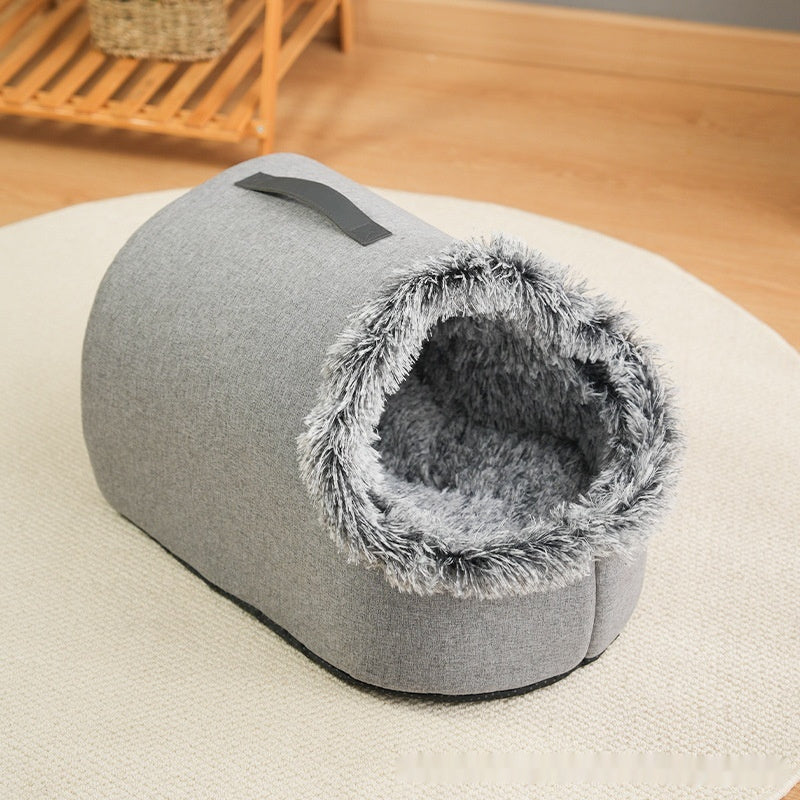 HKM-3576381 Portable Warm Closed Plush Pet Nest Bed in Brown and Gray for Cats and Small Dogs