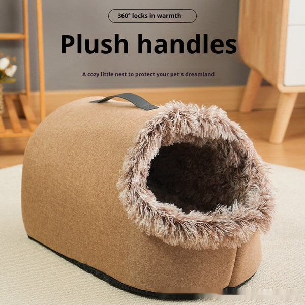 HKM-3576381 Portable Warm Closed Plush Pet Nest Bed in Brown and Gray for Cats and Small Dogs