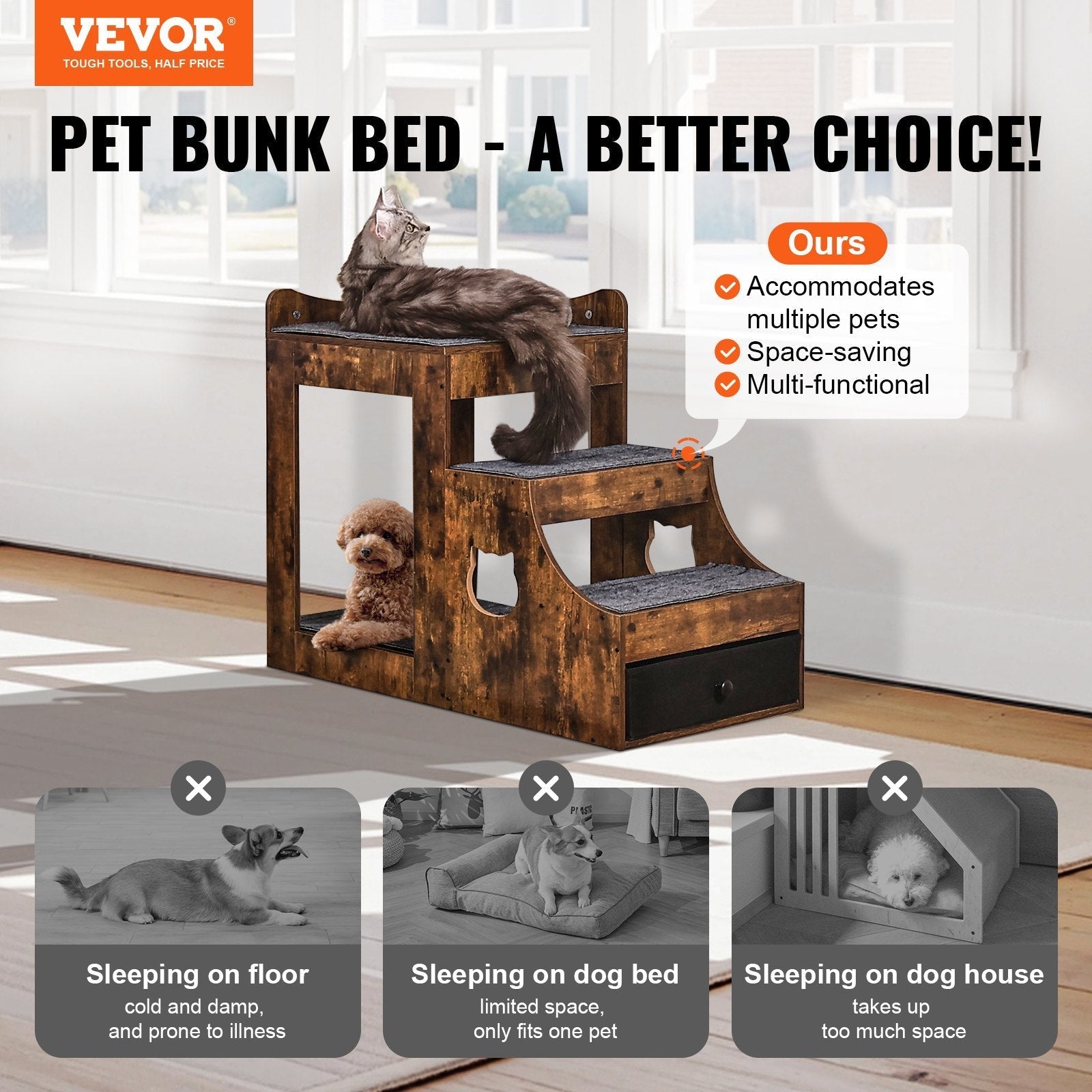 HKM-3578941 Multifunctional Pet Bunk Bed with Stairs and Window Perch for Dogs and Cats