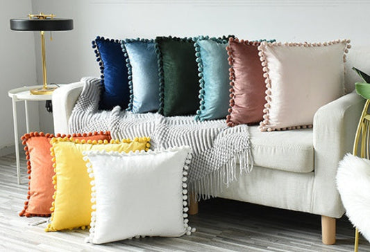 HKM-357907 Velvet Ball Lace Pillow Cushion - Nordic Modern Decorative Sofa Cushion, 50x50 cm