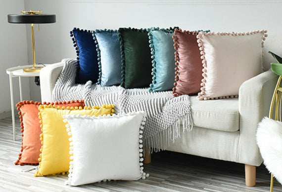 HKM-357907 Velvet Ball Lace Pillow Cushion - Nordic Modern Decorative Sofa Cushion, 50x50 cm