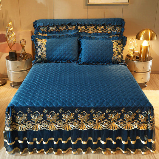 HKM-358099 Solid Color European Crystal Velvet Bed Skirt with Embroidery and Quilting, Multiple Sizes Available