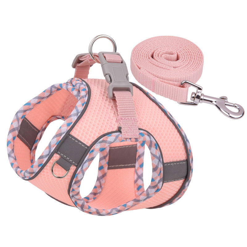 HKM-3582269 Reflective Plaid Dog Harness with Traction Rope - Adjustable Fit for Comfort and Safety