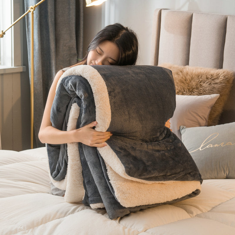 HKM-358419 Cozy Double Thick Lamb Wool Coral Fleece Thermal Blanket - Soft, Warm, and Reversible