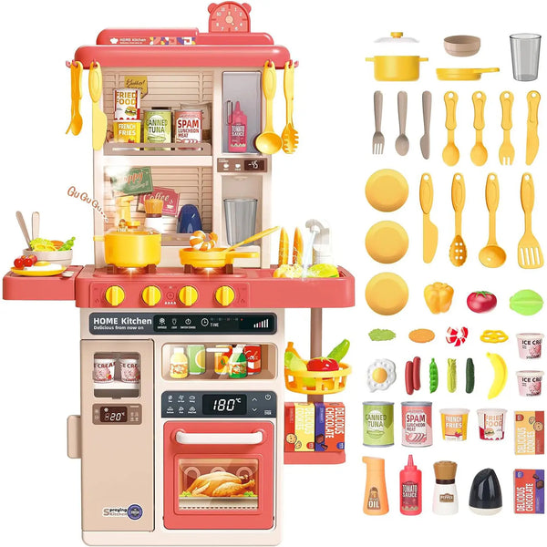 HKM-358611 Kids Kitchen Play Set - 50PCS Cooking Toys with Sounds, Lights, and Spray for Ages 2 to 13