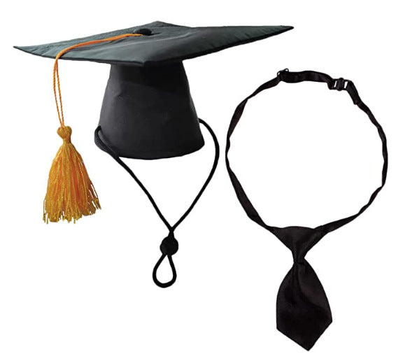 HKM-3586621 Black Doctoral Hat and Bow Tie Set for Pets, Size S, Polyester Material