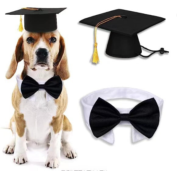HKM-3586621 Black Doctoral Hat and Bow Tie Set for Pets, Size S, Polyester Material