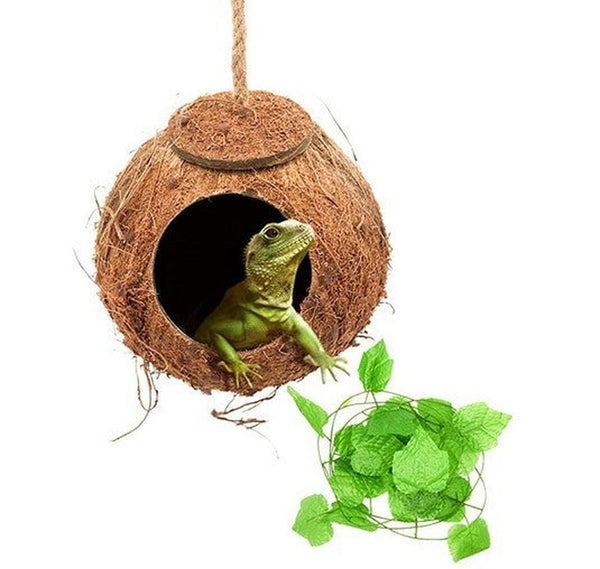 HKM-358931 Climbing Reptile Accessories Set: Coconut Shell Nest & 2.3M Artificial Vine for Tree Lizards