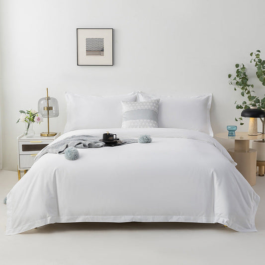 HKM-359251 Pure White Long-Staple Cotton Four-Piece Bedding Set with Bed Sheet, Quilt Cover, and Pillowcases