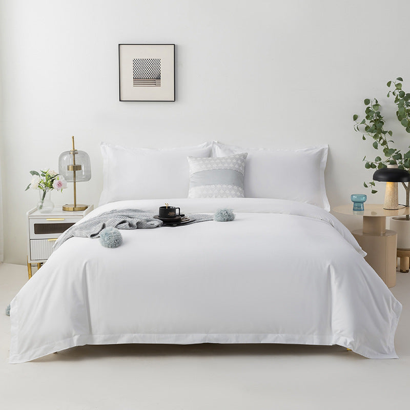 HKM-359251 Pure White Long-Staple Cotton Four-Piece Bedding Set with Bed Sheet, Quilt Cover, and Pillowcases