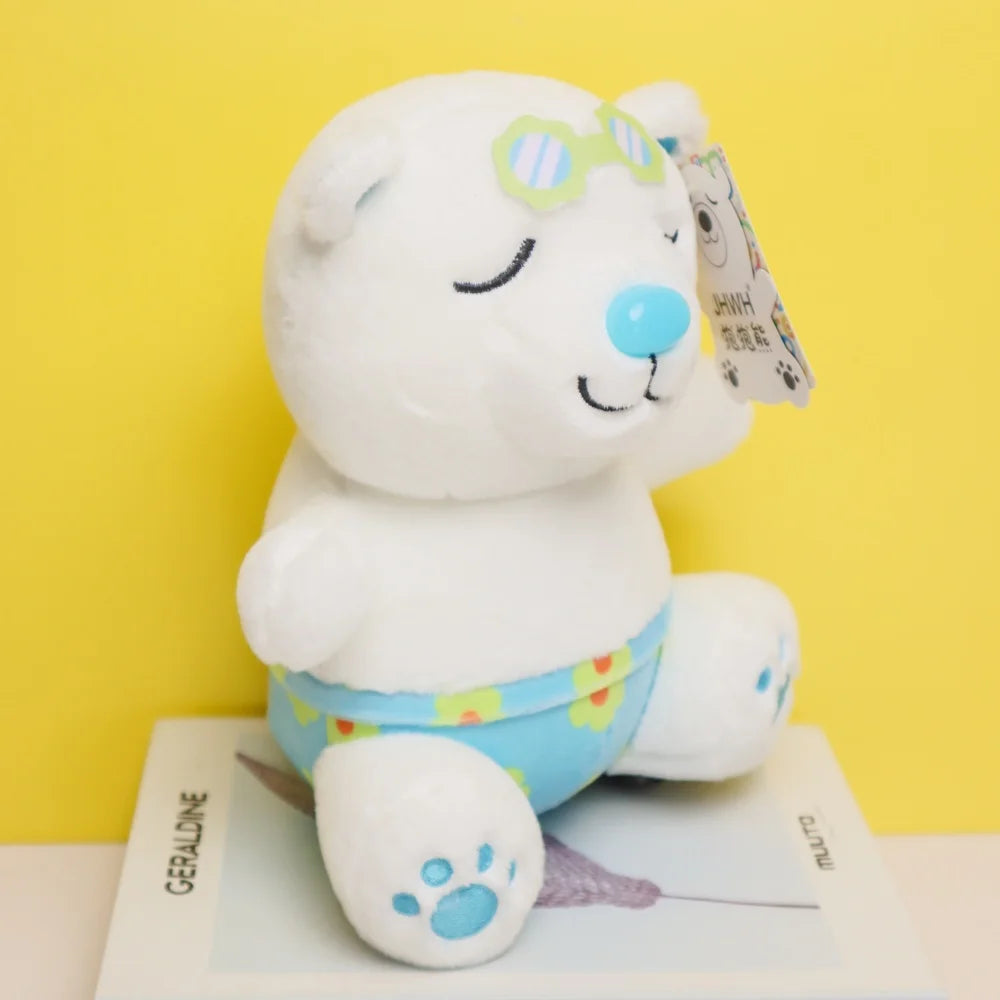 HKM-359699 Hugging Bear Plush Toy with Green Sunglasses and Blue Floral Shorts - Summer Edition