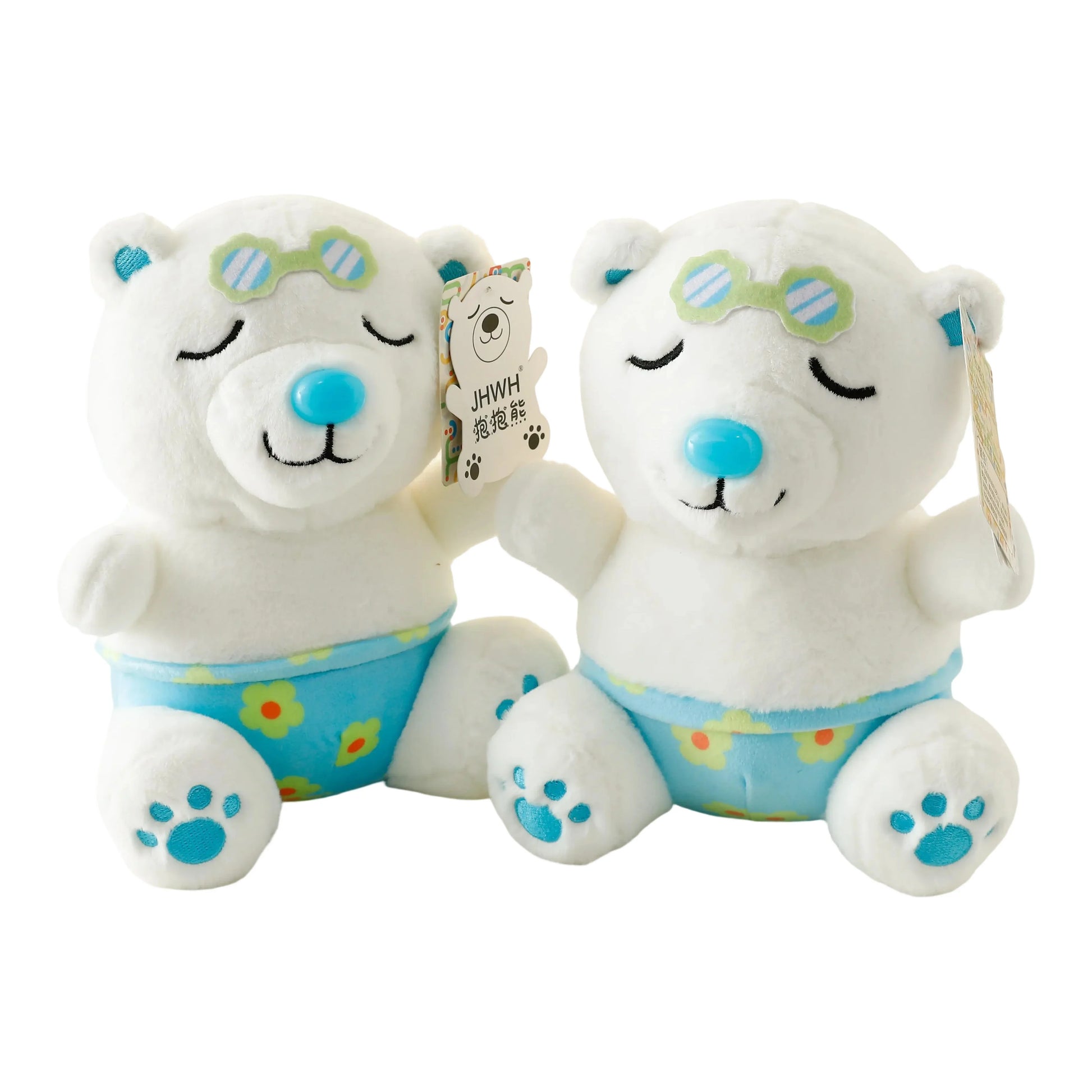 HKM-359699 Hugging Bear Plush Toy with Green Sunglasses and Blue Floral Shorts - Summer Edition