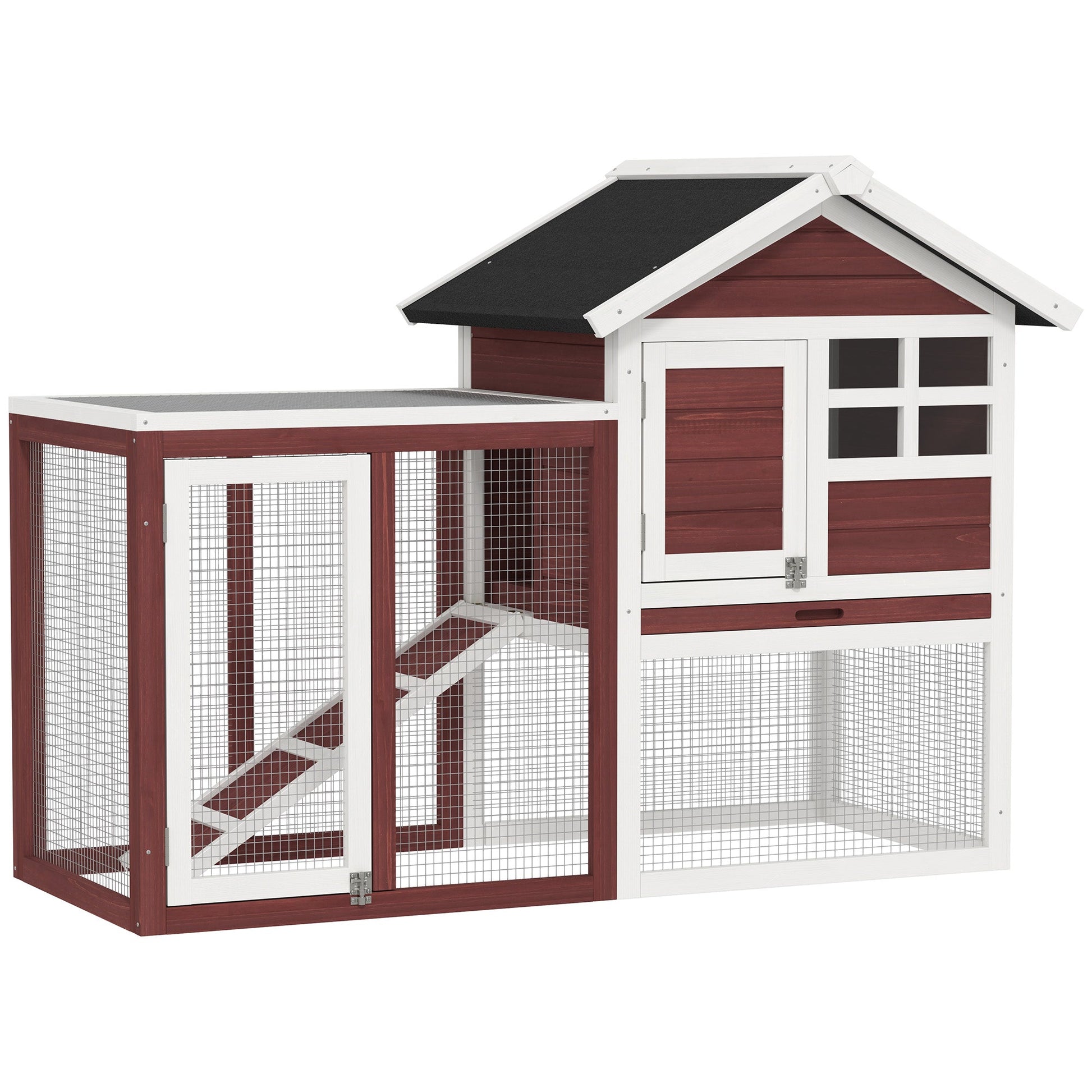HKM-3597629 Wooden Rabbit Hutch with Waterproof Roof, Indoor/Outdoor Bunny Cage, Removable Tray & Ramp, Natural Brown Finish