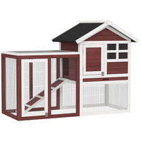 HKM-3597629 Wooden Rabbit Hutch with Waterproof Roof, Indoor/Outdoor Bunny Cage, Removable Tray & Ramp, Natural Brown Finish