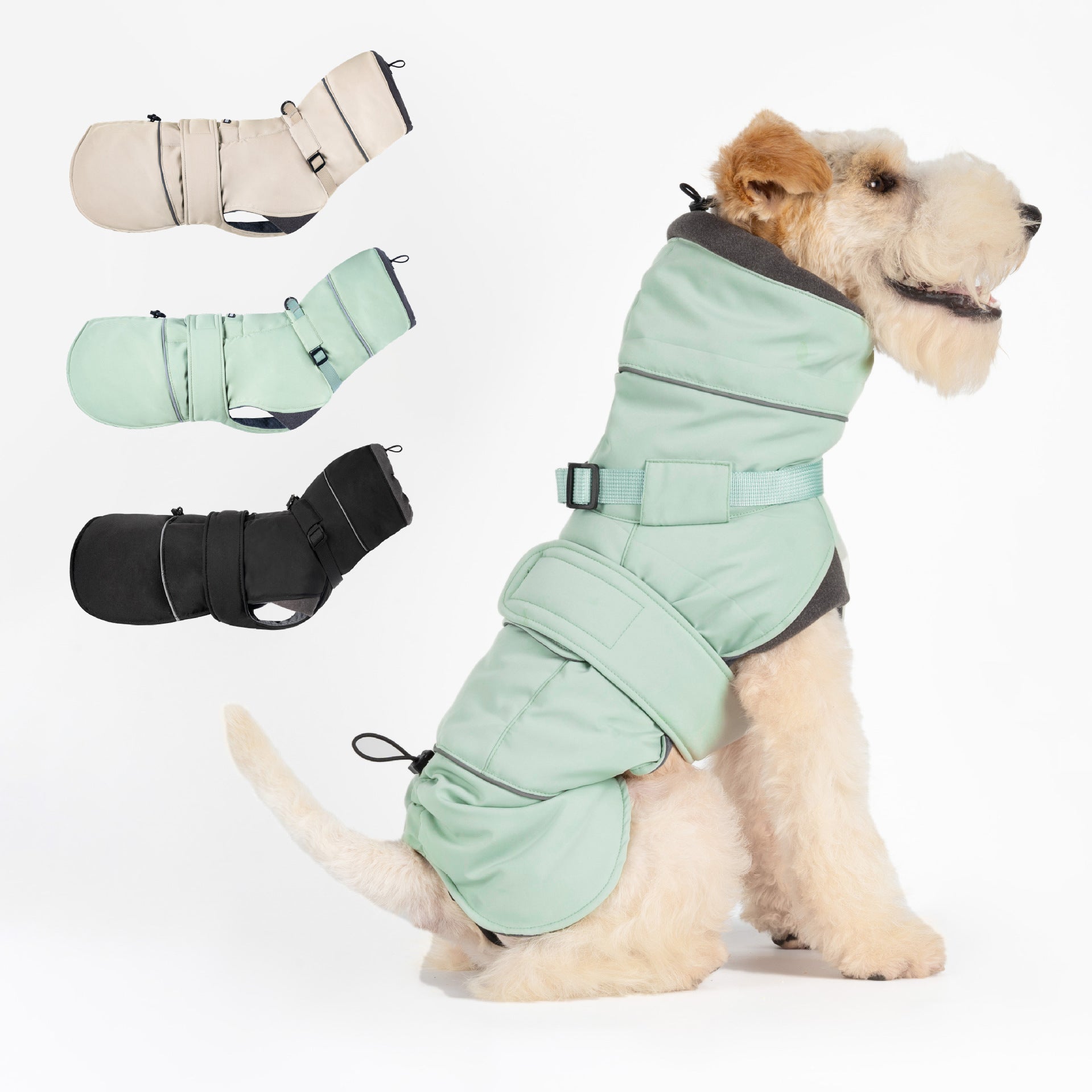 HKM-3598525 Autumn and Winter Wind-Proof Dog Shell Jacket in Bean Green, Beige, and Black Sizes S to 2XL