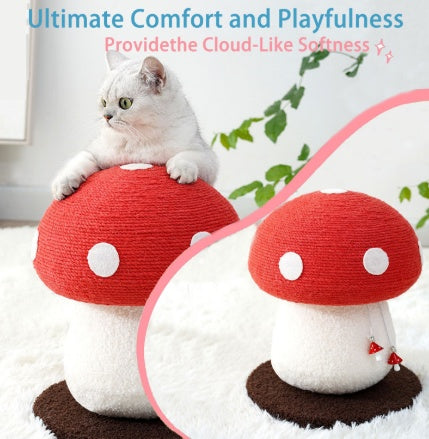HKM-3599933 Mushroom Cat Climbing Frame with Fluffy Base and Sisal Scratching Post for Cats