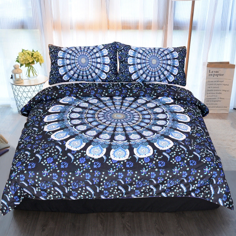 HKM-360019 Blue Peacock Pattern Polyester Fiber Bedding Set - Available in Twin, Full, Queen, and King Sizes