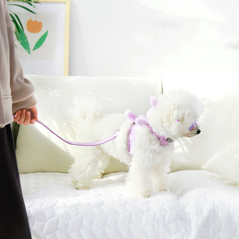 HKM-3603517 Vest-Style Cat and Dog Harness and Leash Set in Purple, Pink, and Off White - Suitable for Pets 3-12 Pounds