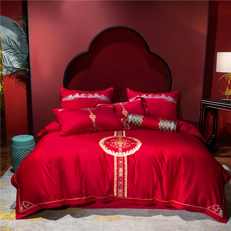 HKM-360403 Four-Piece Red Wedding Bedding Set in Long-Staple Cotton with Embroidery
