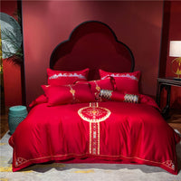 HKM-360403 Four-Piece Red Wedding Bedding Set in Long-Staple Cotton with Embroidery