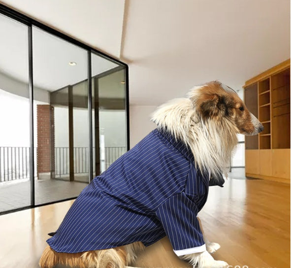 HKM-3607869 Navy Blue Stripe Bow Tie Suit for Large Dogs - Casual Wear for Golden Retrievers
