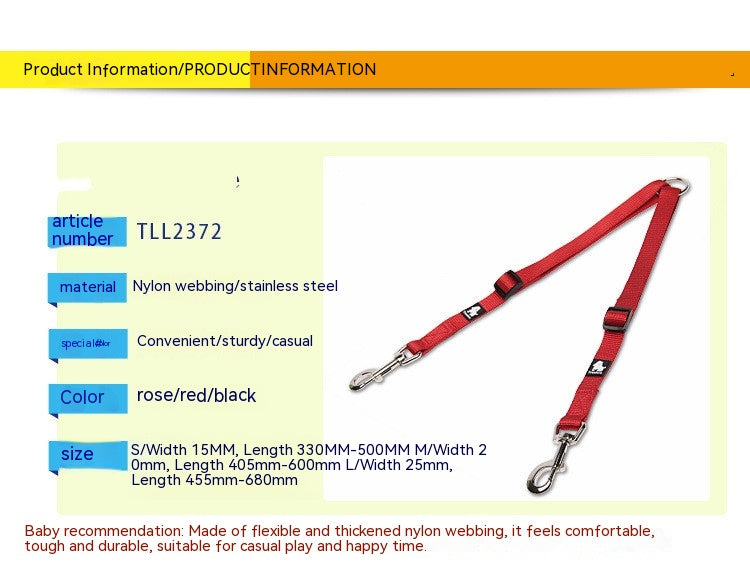 HKM-3609277 Double Head Traction Rope for Dogs - Thick Nylon Strap with Stainless Steel Pull Ring and Buckle, Available in Rose Red, Black, Red