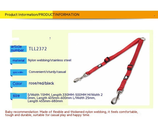 HKM-3609277 Double Head Traction Rope for Dogs - Thick Nylon Strap with Stainless Steel Pull Ring and Buckle, Available in Rose Red, Black, Red