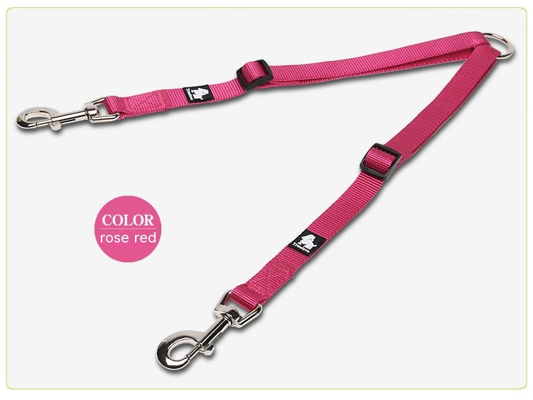 HKM-3609277 Double Head Traction Rope for Dogs - Thick Nylon Strap with Stainless Steel Pull Ring and Buckle, Available in Rose Red, Black, Red