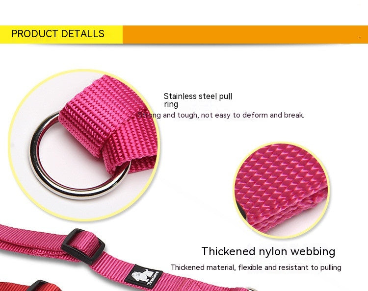 HKM-3609277 Double Head Traction Rope for Dogs - Thick Nylon Strap with Stainless Steel Pull Ring and Buckle, Available in Rose Red, Black, Red