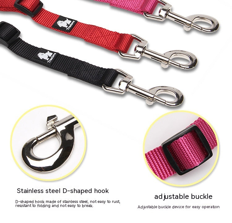 HKM-3609277 Double Head Traction Rope for Dogs - Thick Nylon Strap with Stainless Steel Pull Ring and Buckle, Available in Rose Red, Black, Red