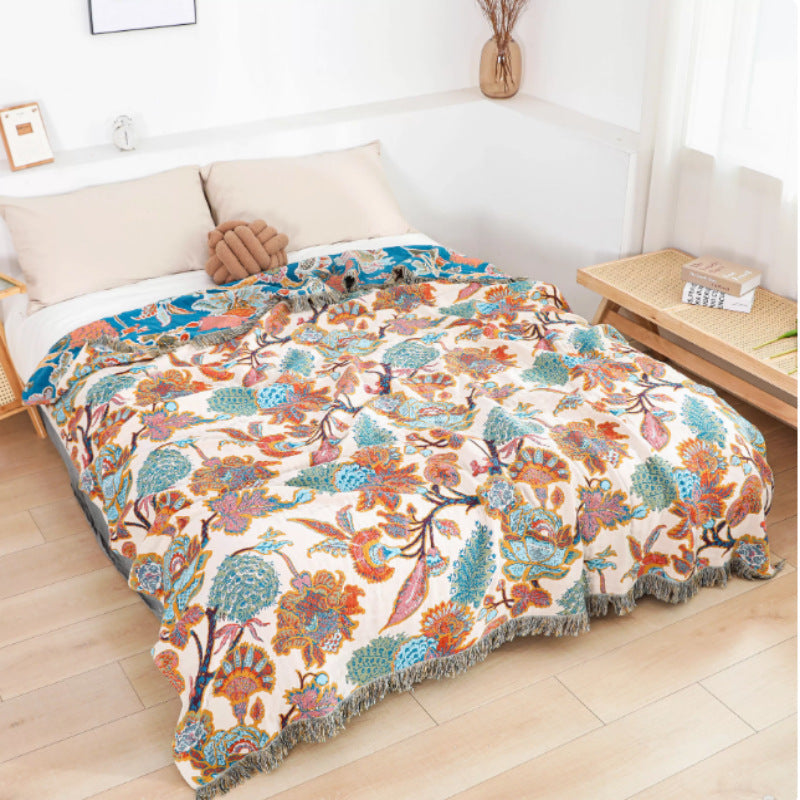 HKM-361235 Floral and Plant Design Woven Cotton Gauze Towel Blanket in Multiple Sizes