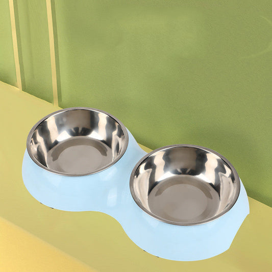 HKM-361427 Dual-Use Stainless Steel Pet Double Bowl in Gray, Blue, or Pink - Perfect for Cats