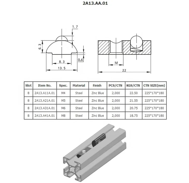 HKM-361427 Steel Half Round Spring Ball T Slot Nut M4 M5 M6 M8 for 30 40 Aluminium Profile