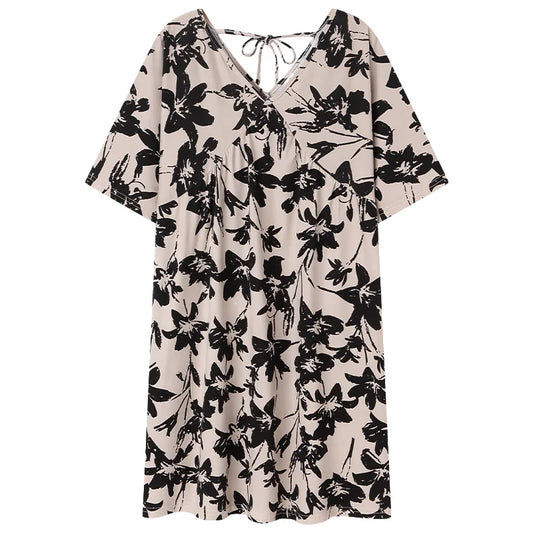 HKM-361939 Nightgown for Women Loose Sleepwear V Neck Pajama Dress Soft Nightshirt Short Sleeves Nightdress Print High-end Dresses