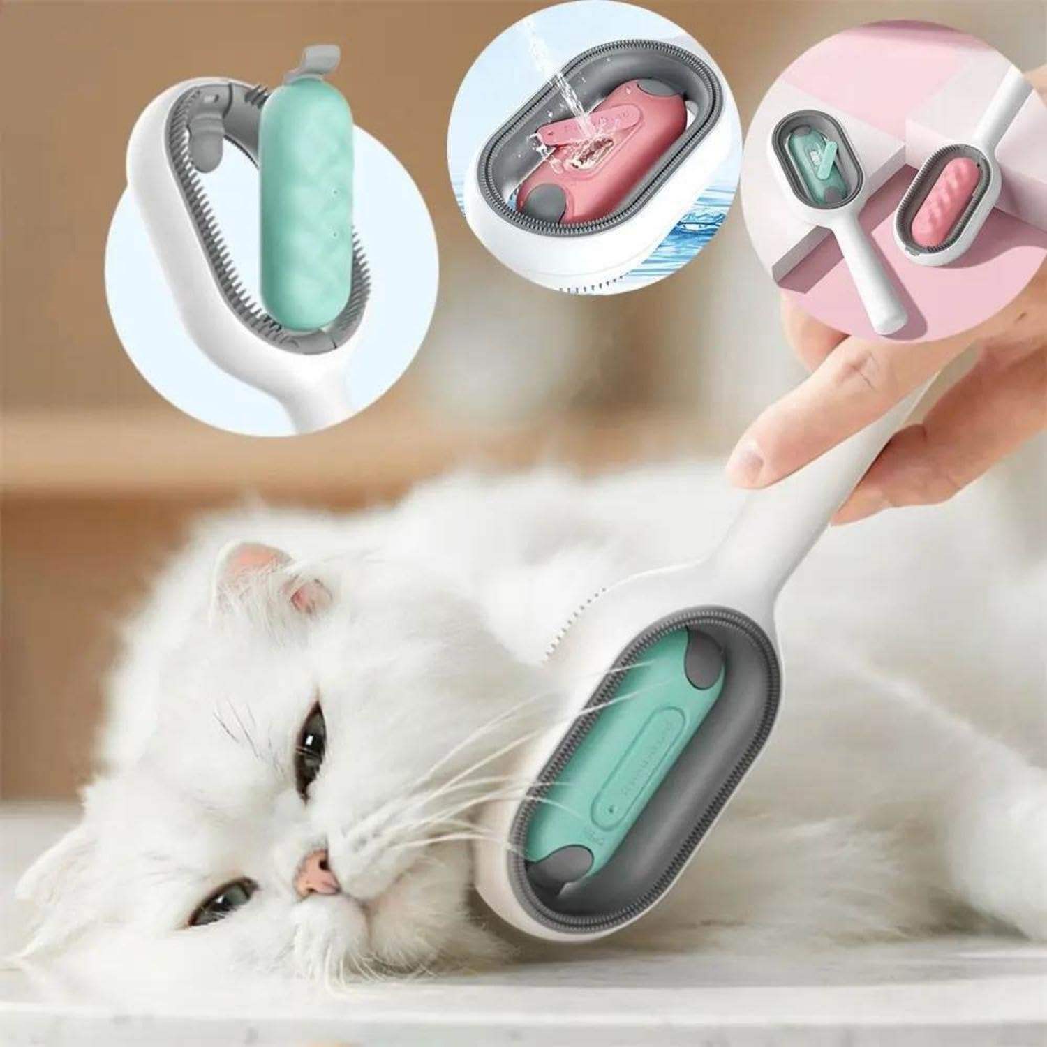 HKM-3624253 Water-Activated 4-in-1 Cat Grooming Brush with Double-Sided Hair Removal and Cleaning Function