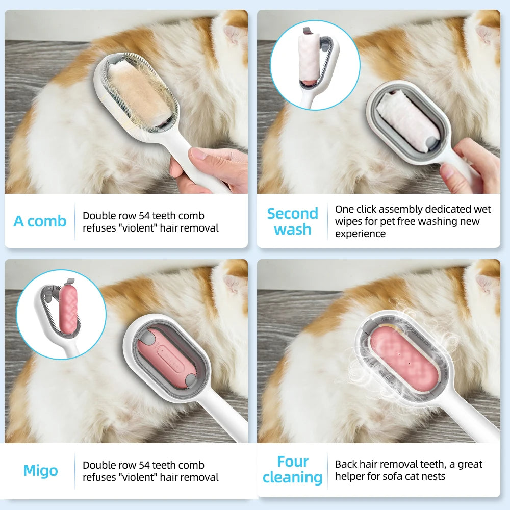 HKM-3624253 Water-Activated 4-in-1 Cat Grooming Brush with Double-Sided Hair Removal and Cleaning Function