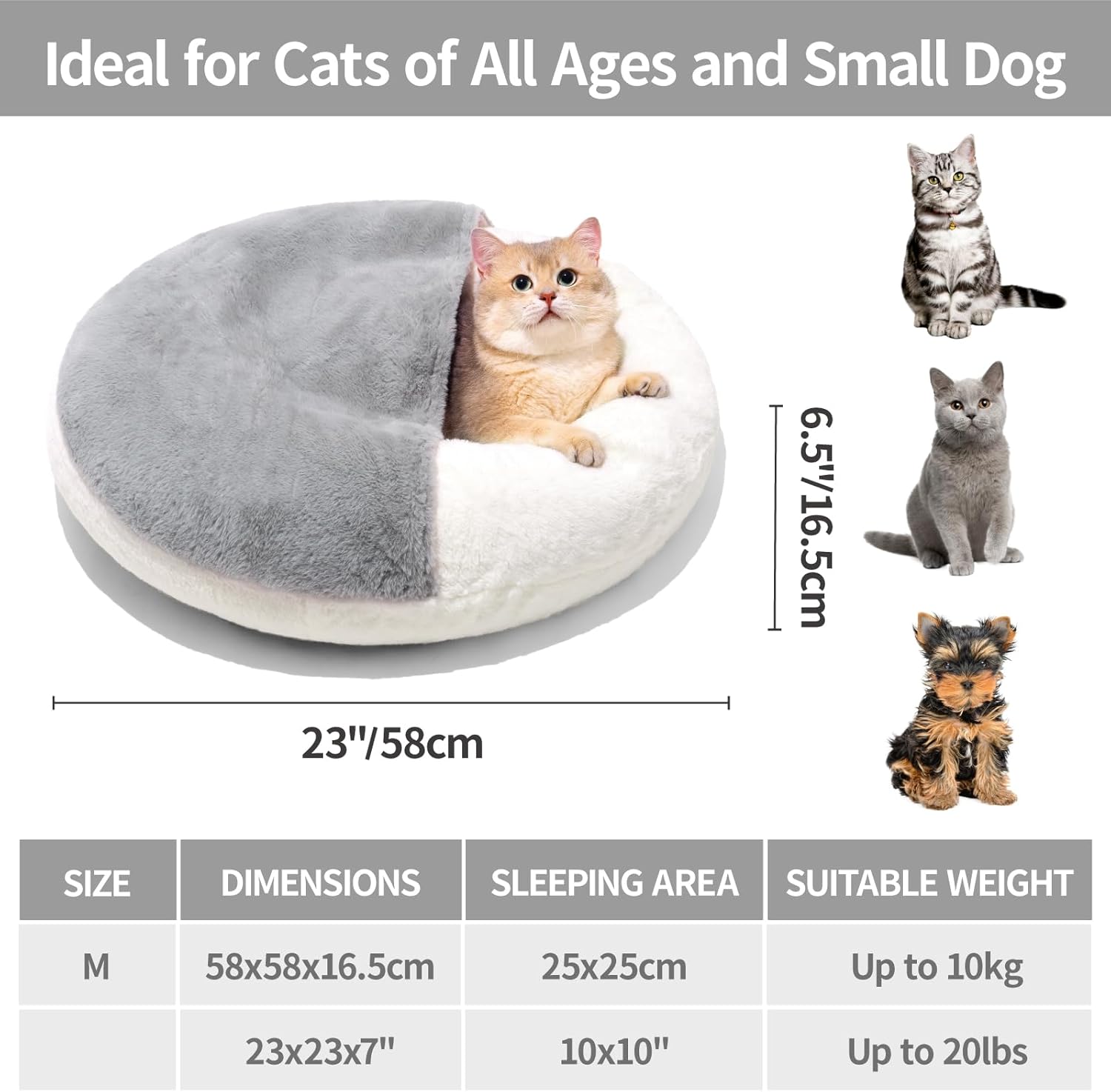 HKM-3625405 Washable Enclosed Cat Bed Cave with Non-Slip Base for Cats & Small Dogs, 22'' x 22'', Soft Faux Fur & Cotton