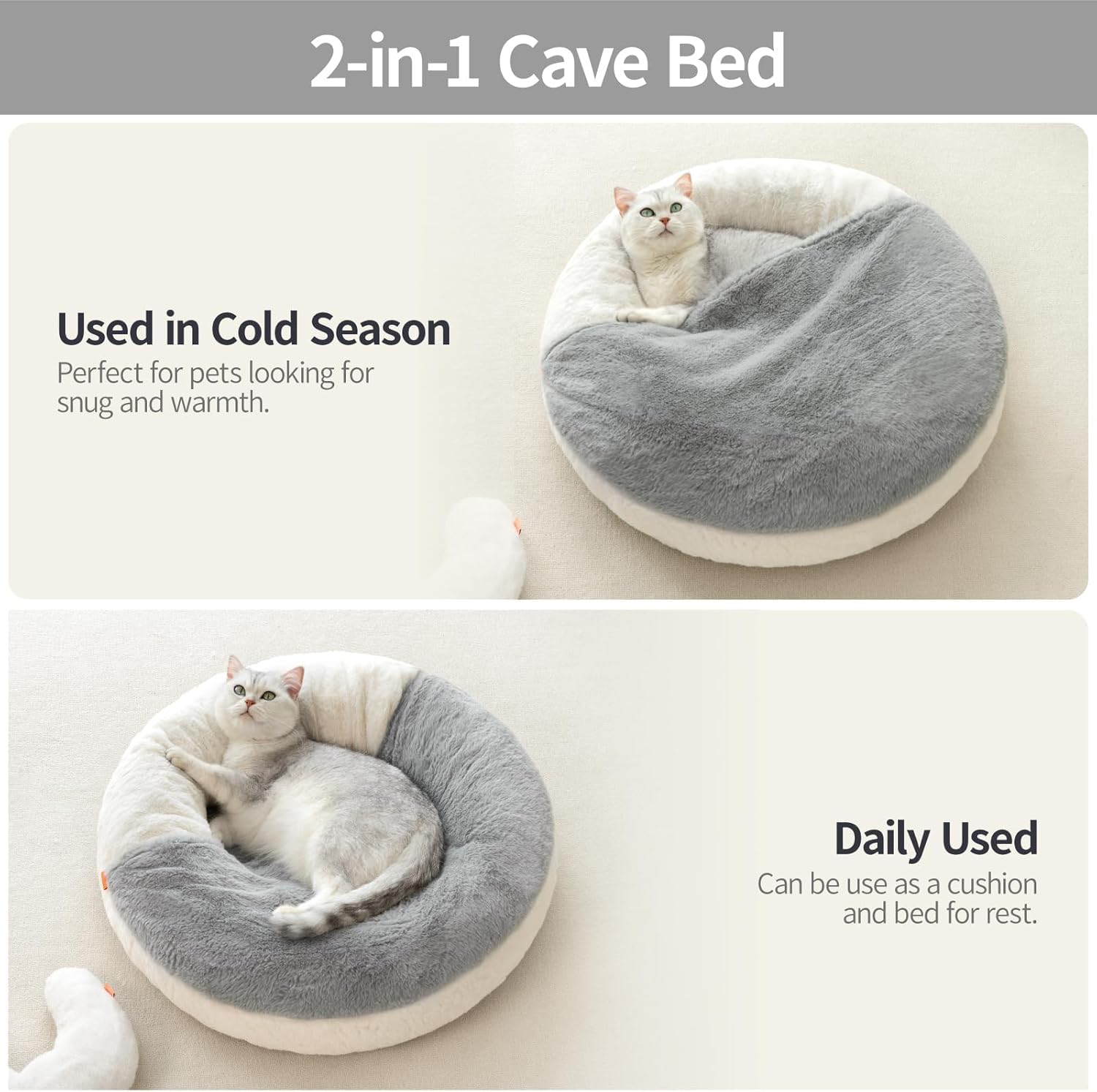 HKM-3625405 Washable Enclosed Cat Bed Cave with Non-Slip Base for Cats & Small Dogs, 22'' x 22'', Soft Faux Fur & Cotton