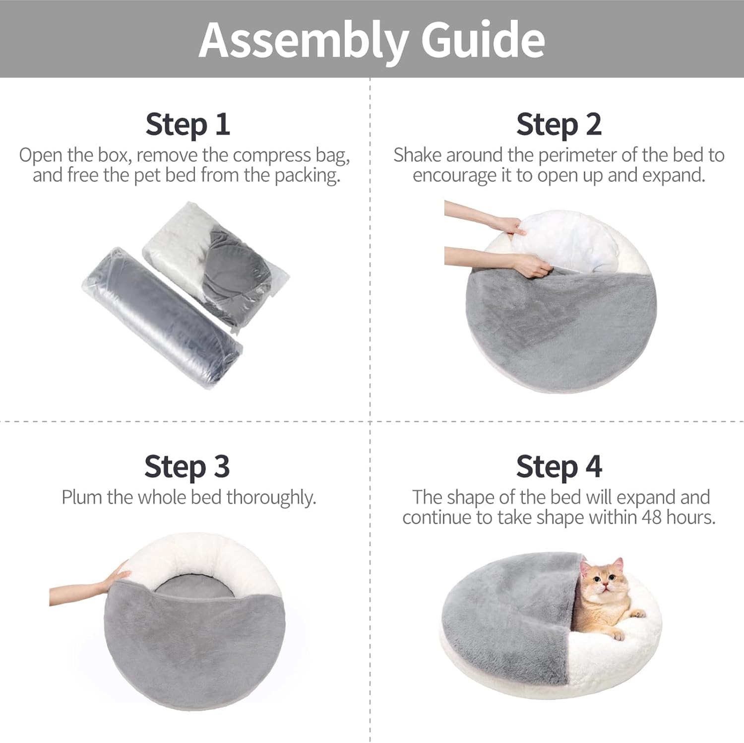 HKM-3625405 Washable Enclosed Cat Bed Cave with Non-Slip Base for Cats & Small Dogs, 22'' x 22'', Soft Faux Fur & Cotton