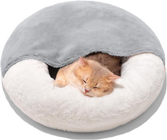 HKM-3625405 Washable Enclosed Cat Bed Cave with Non-Slip Base for Cats & Small Dogs, 22'' x 22'', Soft Faux Fur & Cotton