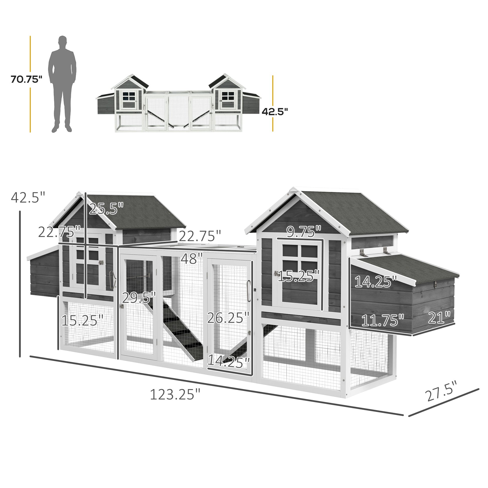 HKM-3630397 Large Dual Chicken Coop with Outdoor Run - Gray Fir Wood Chicken House for 4-6 Chickens