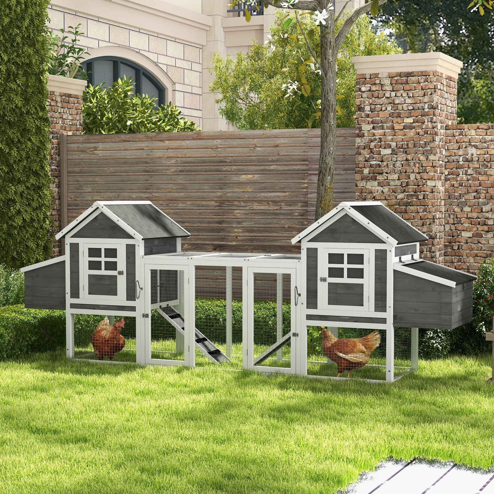 HKM-3630397 Large Dual Chicken Coop with Outdoor Run - Gray Fir Wood Chicken House for 4-6 Chickens